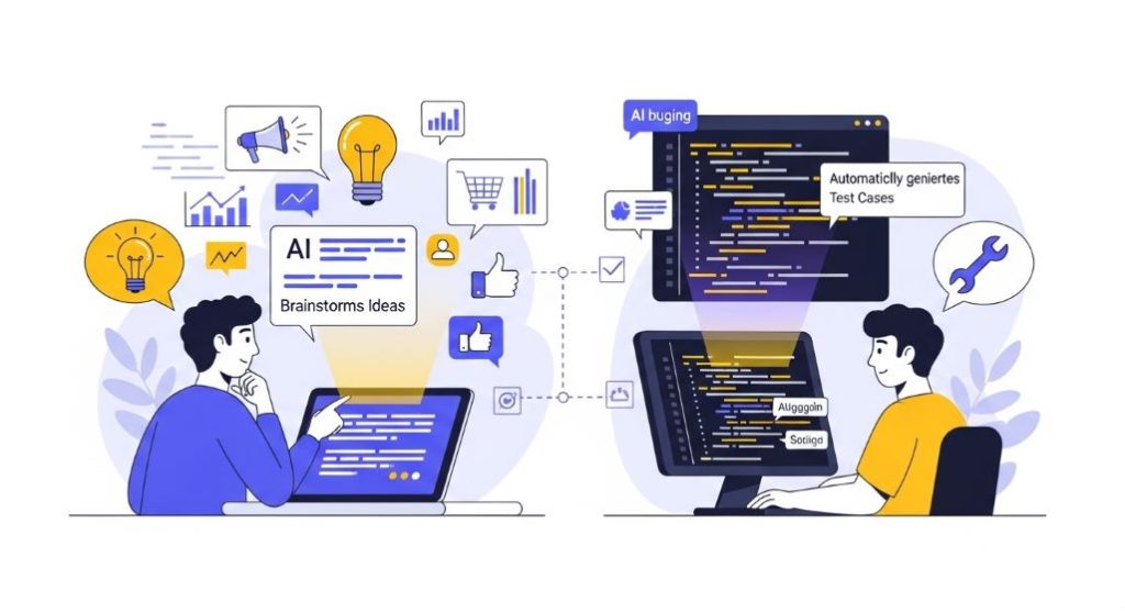 마케터와 개발자가 각자의 업무에 AI를 활용하여 효율성을 높이는 모습