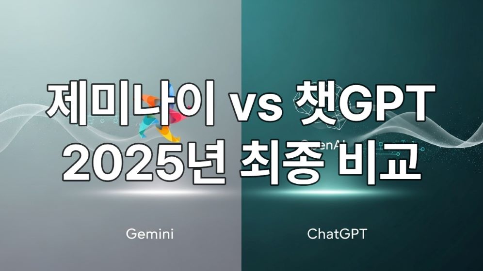 2025년 제미나이와 챗GPT AI 두 모델이 나란히 서서 지식 흐름과 상호작용하는 미래지향적인 비교 이미지.