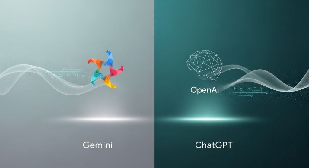2025년 제미나이와 챗GPT AI 두 모델이 나란히 서서 지식 흐름과 상호작용하는 미래지향적인 비교 이미지.