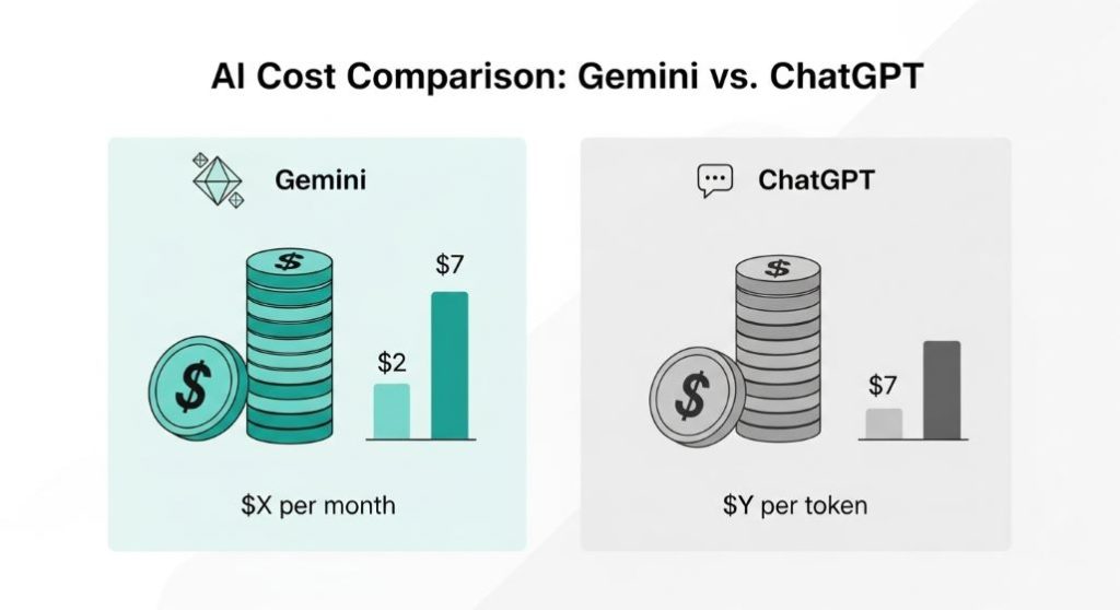 제미나이와 챗GPT의 월별 구독 및 API 비용을 비교하는 인포그래픽.