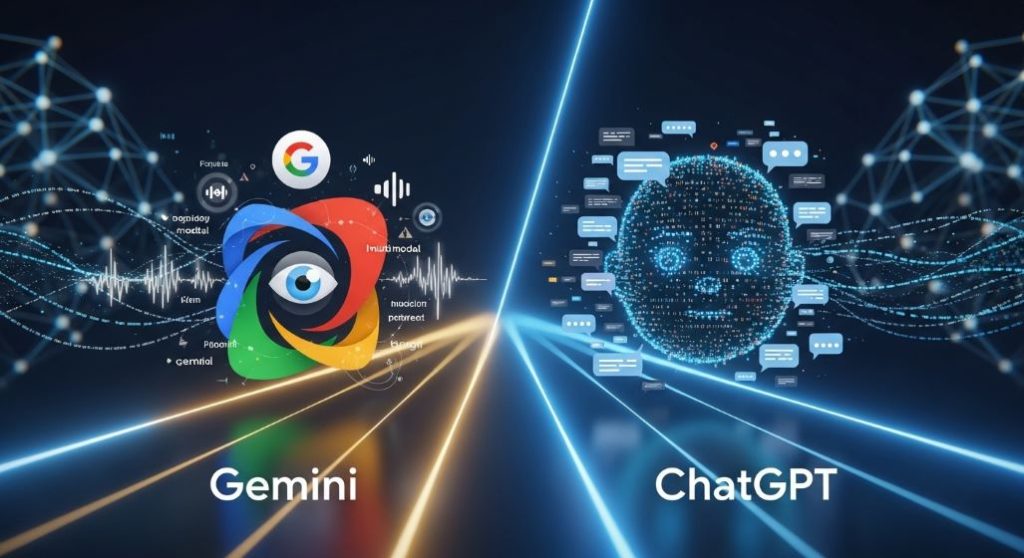 2025년 AI 시장을 대표하는 구글 제미나이와 오픈AI 챗GPT의 상징적 비교 이미지.