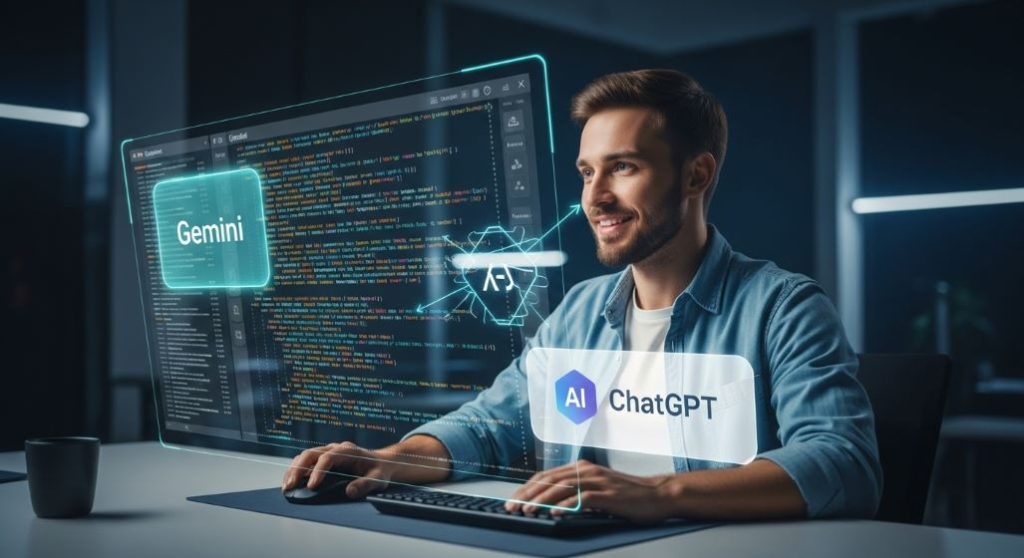 미래형 사무실에서 두 AI 비서(제미나이, 챗GPT)의 도움을 받아 코딩하고 디버깅하는 개발자의 모습. 인공지능이 개발자의 생산성을 높이는 장면을 표현합니다.