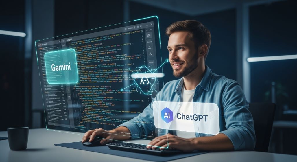 미래형 사무실에서 두 AI 비서(제미나이, 챗GPT)의 도움을 받아 코딩하고 디버깅하는 개발자의 모습. 인공지능이 개발자의 생산성을 높이는 장면을 표현합니다.