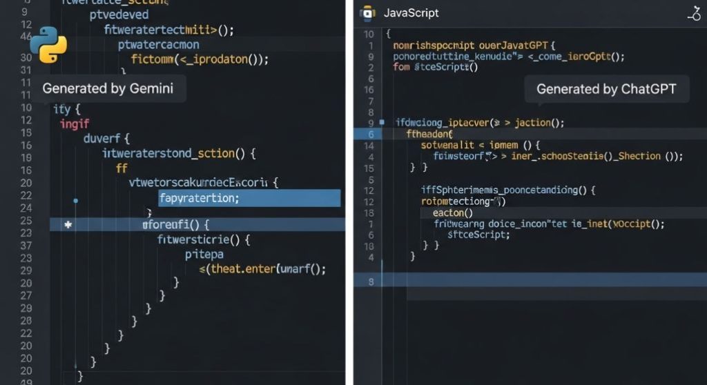 왼쪽은 제미나이가 생성한 파이썬 코드, 오른쪽은 챗GPT가 생성한 자바스크립트 코드를 보여주는 분할 화면입니다. 두 AI의 코드 생성 능력을 시각적으로 비교합니다.