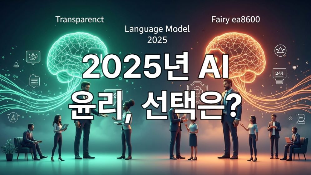 2025년 윤리적 AI 환경에서 제미나이와 챗GPT를 상징하는 두 AI 모델이 사람들과 상호작용하는 모습. 투명성과 데이터 프라이버시를 강조하는 녹색 계열 AI와 공정성 및 안전을 강조하는 주황색 계열 AI가 균형을 이루며 조화롭게 배치된 미래적인 이미지.
