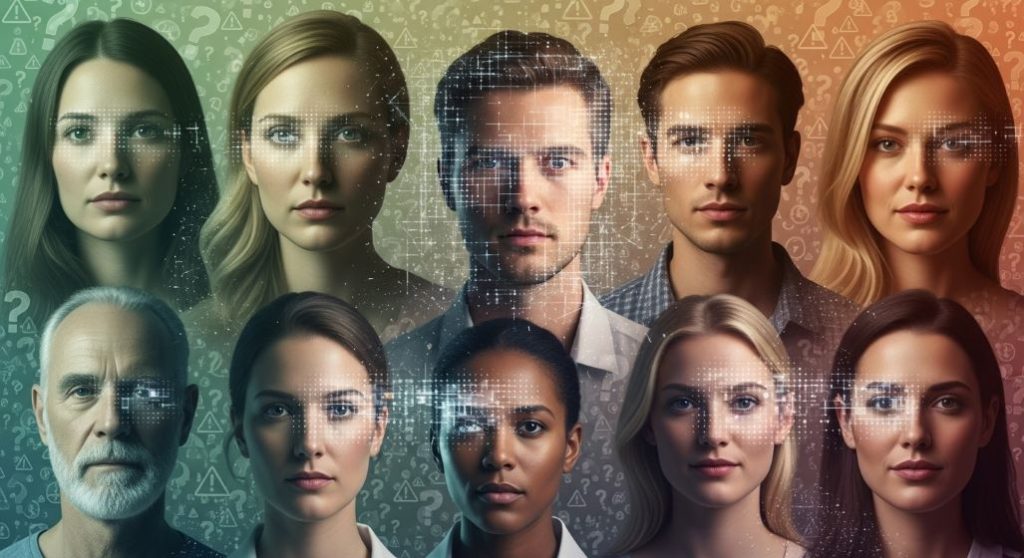 AI 학습 데이터에 내재된 다양한 인종, 성별, 연령대의 인간 얼굴이 디지털적으로 왜곡되어 편향성을 상징하는 추상적인 이미지.