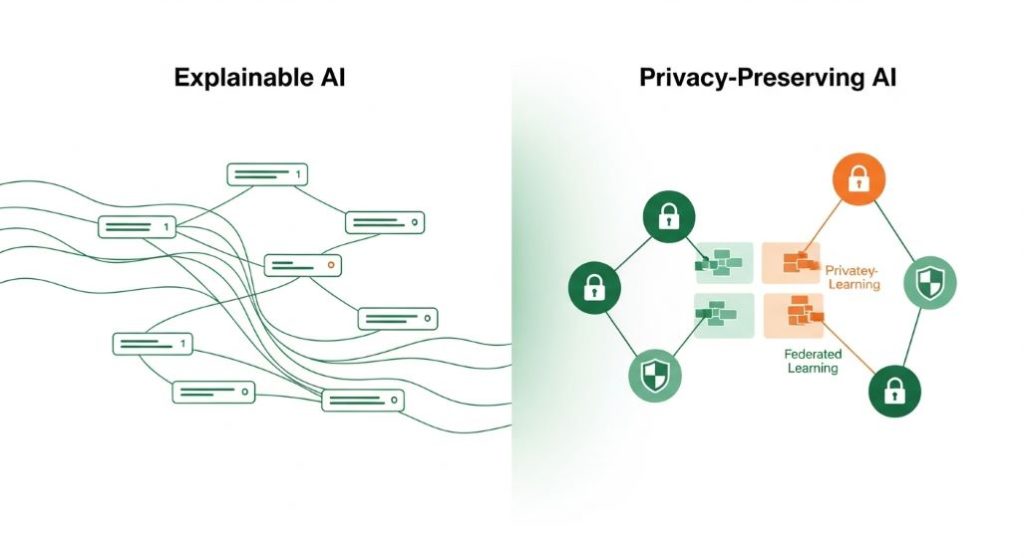 설명 가능한 AI(XAI)의 투명한 의사결정 과정과 프라이버시 보호 AI(연합 학습)의 안전한 데이터 처리 방식을 시각적으로 표현한 미래 지향적 일러스트.