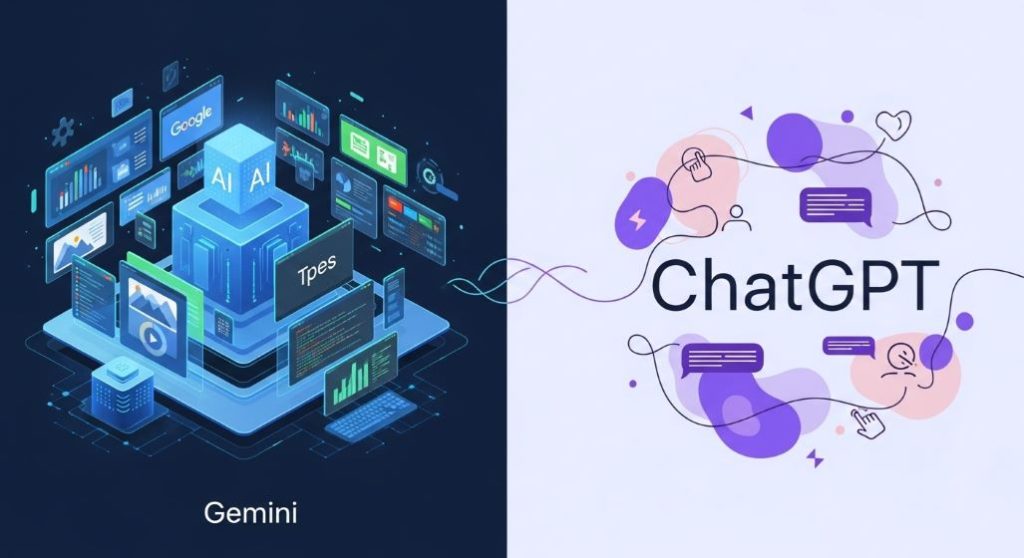 2025년 인공지능 시장의 두 주역, 구글 제미나이와 OpenAI 챗GPT가 각자의 강점을 나타내며 공존하는 모습. 제미나이는 다양한 데이터 형식을, 챗GPT는 정교한 언어 능력을 상징한다.