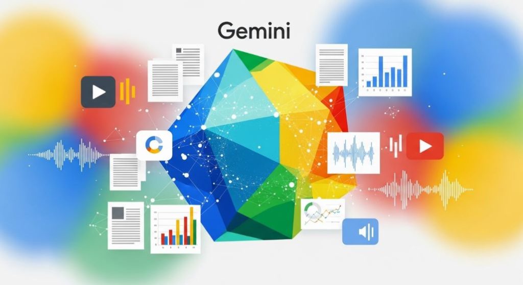 구글 생태계와 연동된 제미나이가 다양한 형태의 데이터를 동시에 분석하는 모습. 멀티모달 능력을 시각적으로 표현한 이미지.