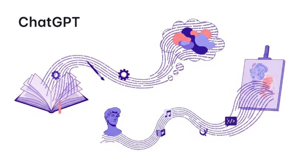 챗GPT의 뛰어난 언어 생성 능력과 창의적인 글쓰기를 상징하는 이미지. 유려한 텍스트가 예술적인 형태로 변하는 모습.