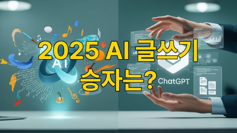 2025년, 구글 제미나이와 챗GPT 아이콘이 각각 예술적인 창작물과 체계적인 정보를 생성하며 공존하는 미래형 작업 공간. 그 사이에서 인간이 현명한 선택을 하는 모습을 담은 그림.
