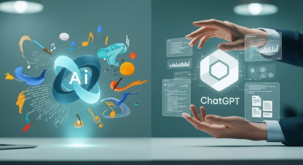 인간 창작자가 AI와 협력하여 콘텐츠를 제작하는 모습. 사람이 AI가 생성한 결과물을 검토하고 수정하며 창의적인 방향을 제시하는 현대적인 작업 공간.