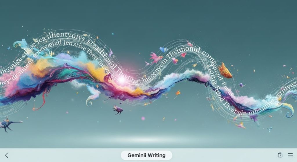 제미나이의 창의적인 글쓰기 능력을 시각화한 추상화. 흐르는 텍스트가 다채로운 이미지와 시적인 풍경으로 변모하는 모습.
