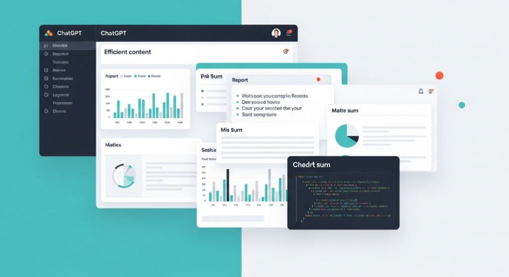 챗GPT의 효율적인 콘텐츠 생성 능력을 보여주는 이미지. 데이터 차트, 보고서, 코드 조각 등 구조화된 콘텐츠를 깔끔하게 보여주는 디지털 대시보드.