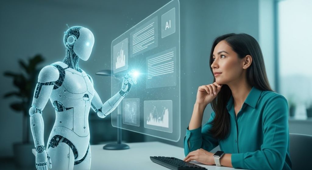 인간 창작자가 AI와 협력하여 콘텐츠를 제작하는 모습. 사람이 AI가 생성한 결과물을 검토하고 수정하며 창의적인 방향을 제시하는 현대적인 작업 공간.