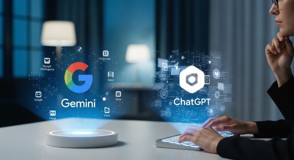 미래형 책상에 구글 제미나이와 오픈AI 챗GPT의 홀로그램이 떠 있는 모습. 두 AI 비서 중 어떤 것을 선택할지 고민하는 손이 키보드에 놓여 있음.