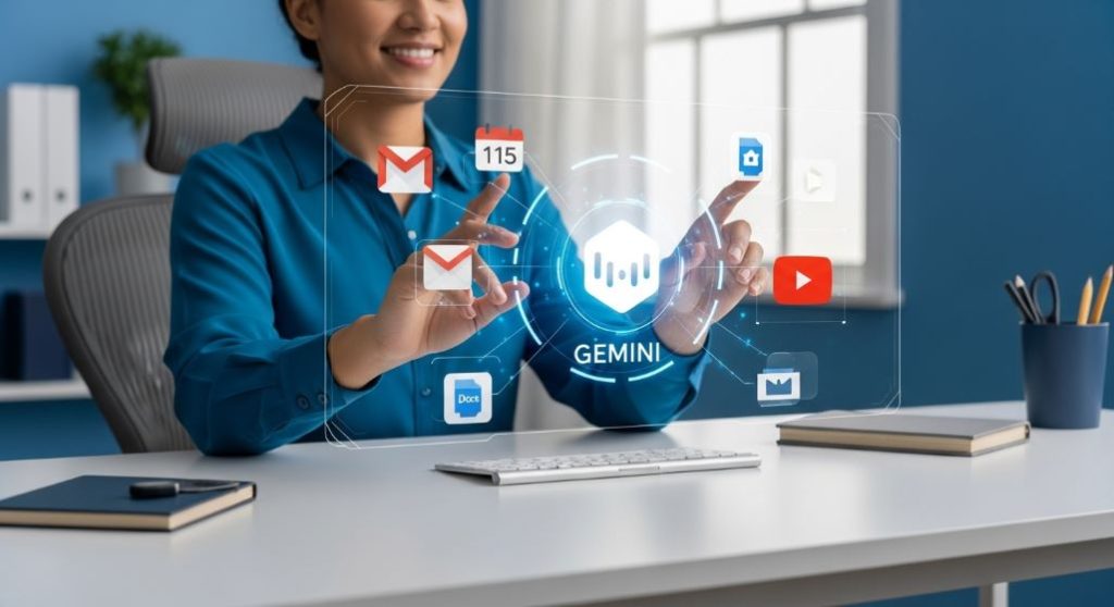 구글 워크스페이스 앱과 제미나이 로고가 통합된 홀로그램 인터페이스로 작업하는 사람의 모습.