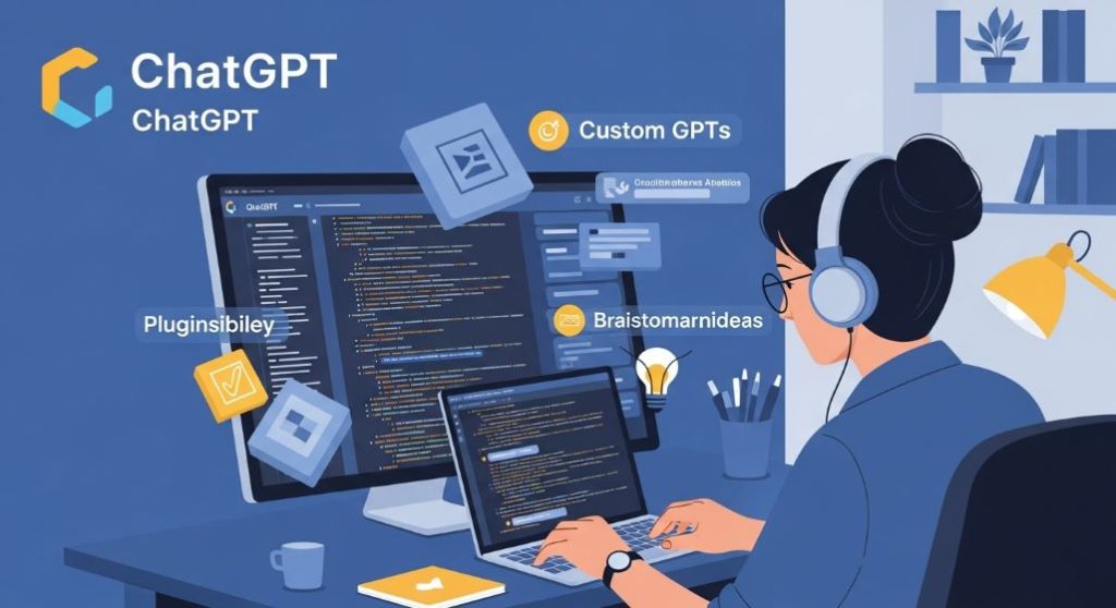 챗GPT가 생성한 코드와 텍스트를 집중해서 보며 작업하는 개발자 또는 작가의 모습.