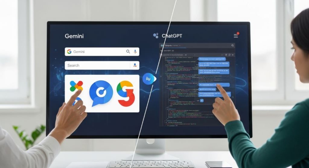 한 사람이 제미나이와 챗GPT 인터페이스를 동시에 활용하며 두 AI 비서를 병행하는 모습.