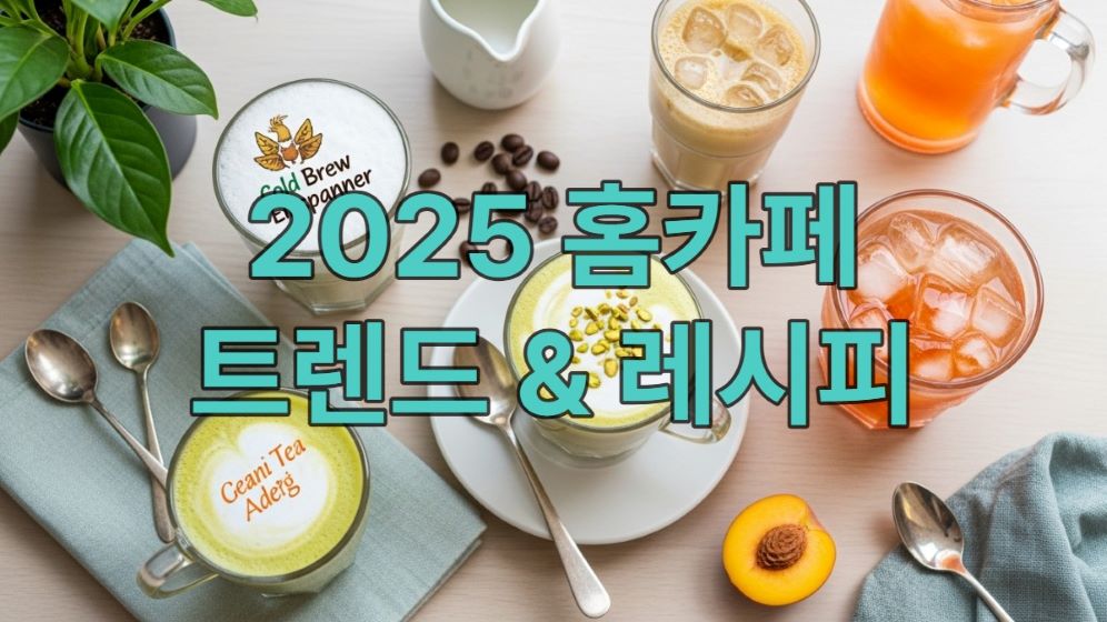 다양한 홈카페 음료와 재료들이 놓인 아늑한 테이블 풍경. 콜드브루 아인슈페너, 피스타치오 크림 라떼, 복숭아 아이스티 에이드 등 2025년 인기 레시피 음료들이 보인다. 홈카페의 편안하고 세련된 분위기를 보여주는 이미지.