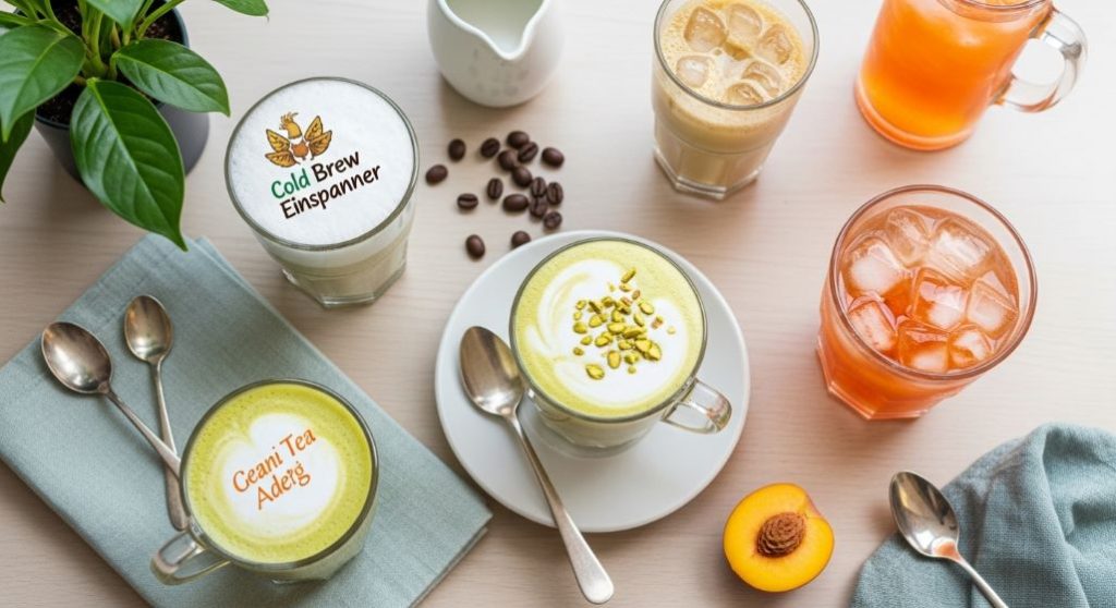 다양한 홈카페 음료와 재료들이 놓인 아늑한 테이블 풍경. 콜드브루 아인슈페너, 피스타치오 크림 라떼, 복숭아 아이스티 에이드 등 2025년 인기 레시피 음료들이 보인다. 홈카페의 편안하고 세련된 분위기를 보여주는 이미지.