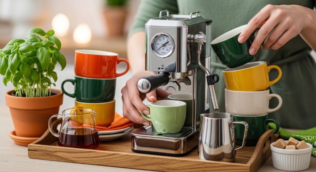 다양한 컵과 소품으로 꾸며진 아늑한 홈카페 인테리어. '카페테리어' 트렌드를 보여주는 감성적인 장면.