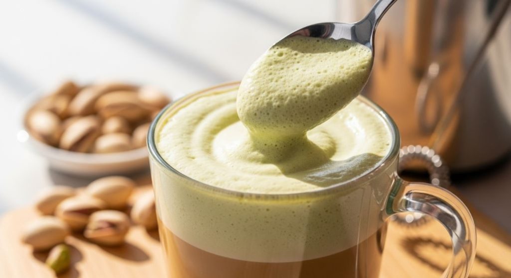 고소하고 부드러운 피스타치오 크림 라떼의 클로즈업. 숟가락으로 크림을 떠먹는 듯한 모습이 식감을 자극한다.