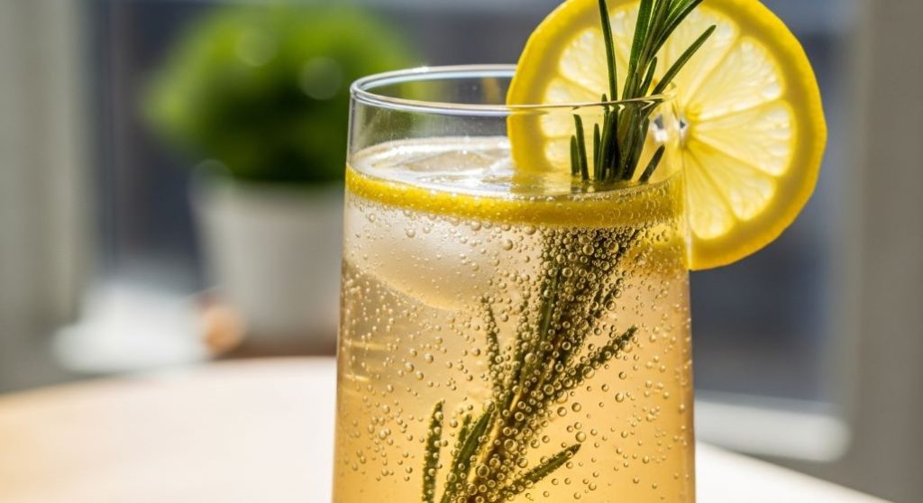 상큼한 레몬 슬라이스와 로즈마리 줄기로 장식된 로즈마리 레몬 스파클링 음료. 청량하고 시원한 느낌을 준다.