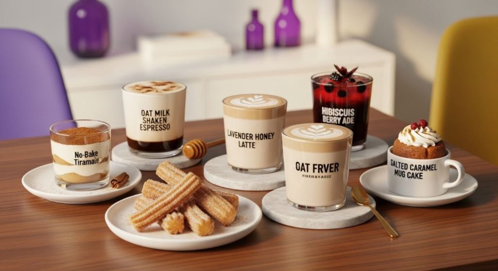 2025년 홈카페 트렌드를 반영한 다양한 음료와 디저트가 놓인 아늑한 테이블. 오트밀 쉐이크 에스프레소, 라벤더 꿀 라떼, 노오븐 티라미수 등이 따뜻한 분위기 속에서 보기 좋게 진열되어 있습니다.