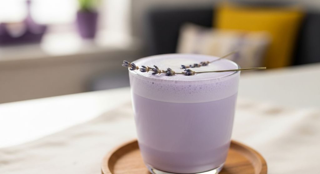 투명한 유리잔에 담긴 보라색 라벤더 꿀 라떼. 우유 거품 위에 말린 라벤더 꽃잎이 장식되어 있으며, 아늑한 배경이 보인다.