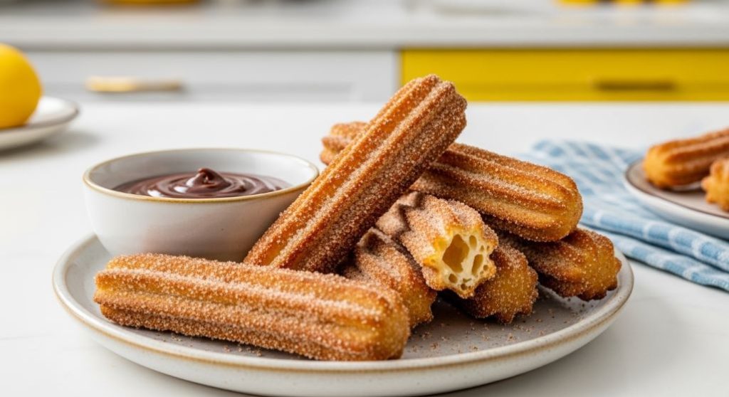 시나몬 설탕이 뿌려진 바삭한 에어프라이어 츄러스가 초콜릿 소스와 함께 접시에 담겨 있다.