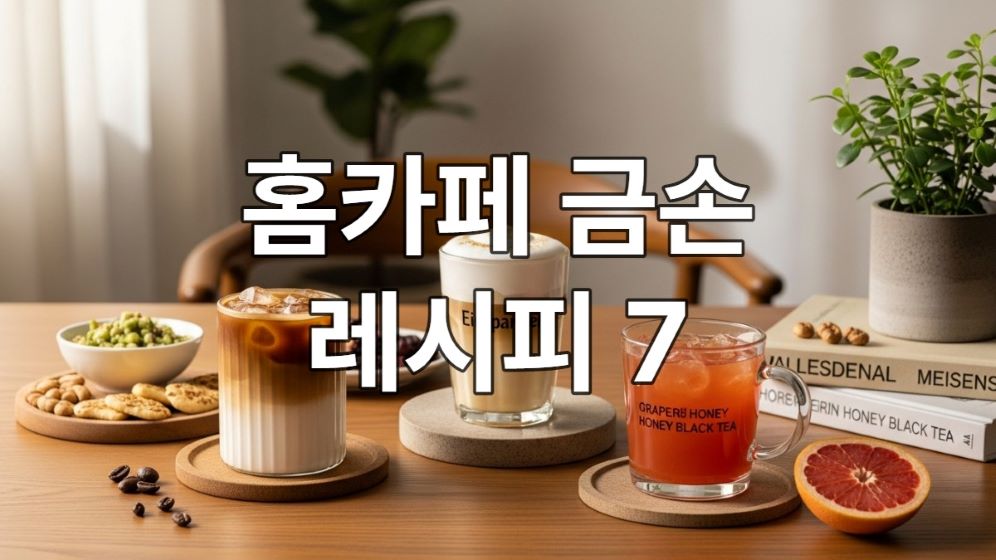 햇살 드는 창가에 놓인 아늑한 홈카페 풍경, 부드러운 라떼, 아인슈페너, 자몽 블랙티 등 다양한 음료와 함께 편안한 휴식을 상징하는 이미지