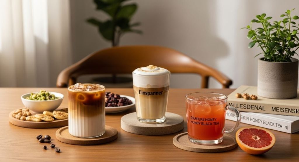 햇살 드는 창가에 놓인 아늑한 홈카페 풍경, 부드러운 라떼, 아인슈페너, 자몽 블랙티 등 다양한 음료와 함께 편안한 휴식을 상징하는 이미지