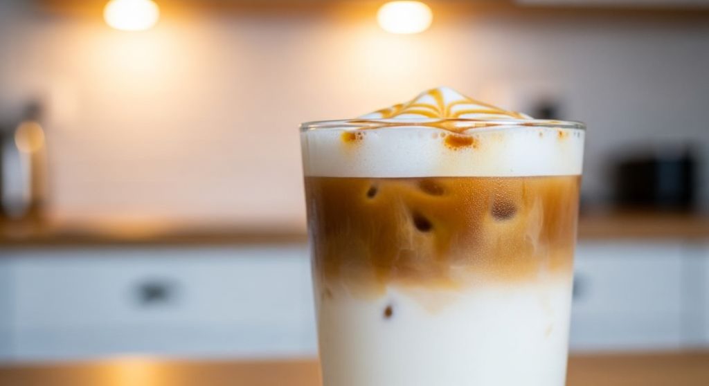 투명한 잔에 아름답게 층을 이룬 아이스 바닐라 라떼 또는 카라멜 마키아또의 클로즈업 이미지.