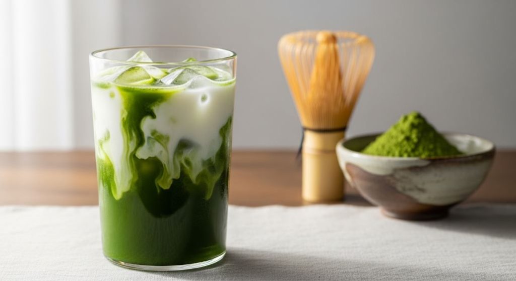 선명한 녹색 말차 층과 하얀 우유가 어우러진 시원한 아이스 말차 라떼 이미지.