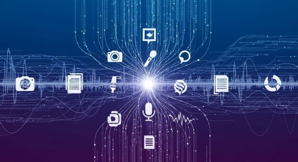 멀티모달 AI가 텍스트, 이미지, 음성 등 다양한 데이터를 통합 처리하는 과정을 시각화한 추상적인 이미지