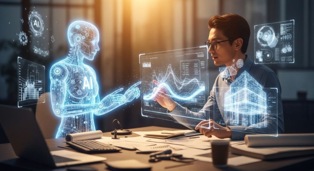 인간과 AI가 협력하여 창의적인 프로젝트를 수행하는 미래형 협업 환경 이미지