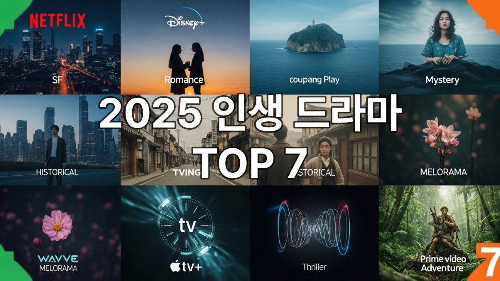 2025년 최고의 드라마 7편을 상징하는 다양한 스트리밍 플랫폼의 로고와 각 드라마 장르별 대표 이미지들이 어우러진 콜라주.
