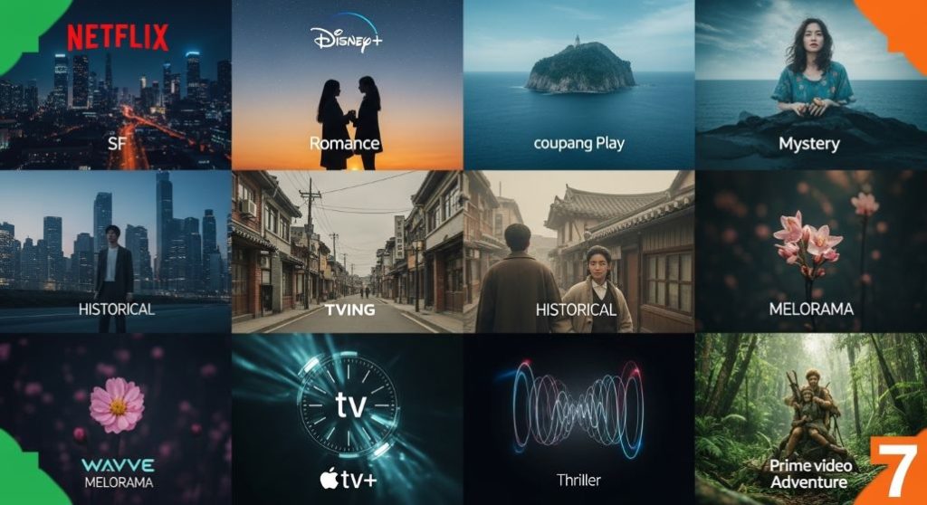 2025년 최고의 드라마 7편을 상징하는 다양한 스트리밍 플랫폼의 로고와 각 드라마 장르별 대표 이미지들이 어우러진 콜라주.