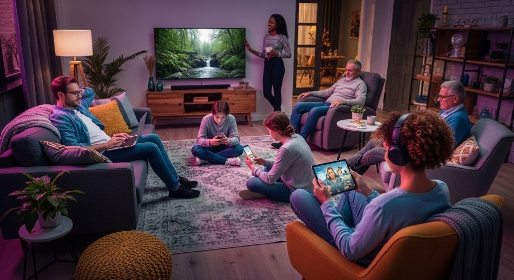 다양한 사람들이 각자의 스트리밍 기기로 드라마를 시청하며 몰입하는 모습.