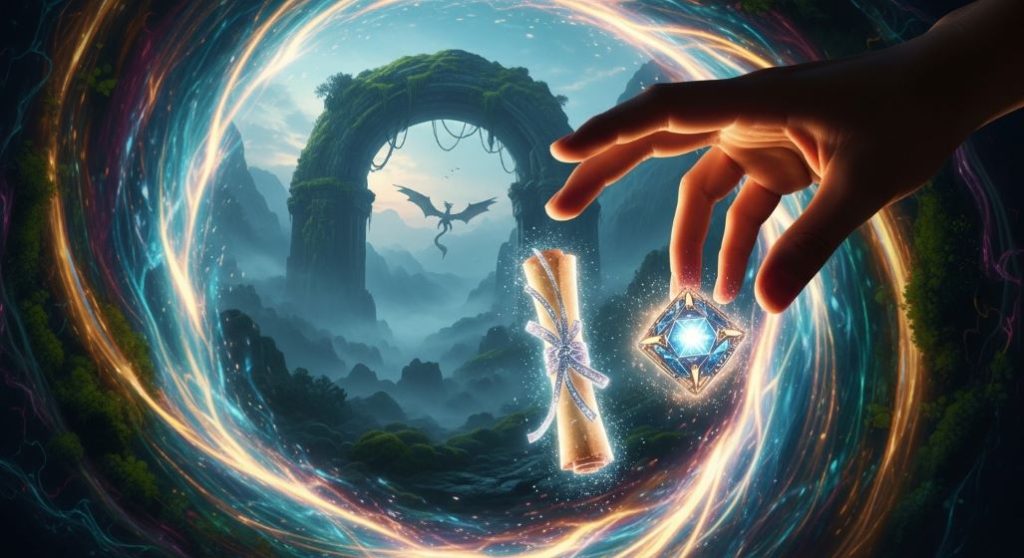 숨겨진 보석 같은 드라마를 발견하는 손의 모습, 환상적인 빛과 함께.