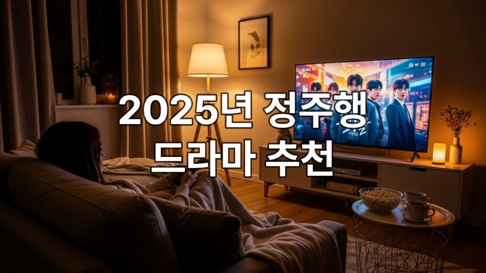 따뜻한 거실 소파에 앉아 담요를 덮고 넷플릭스나 티빙 드라마를 정주행하는 편안한 모습.