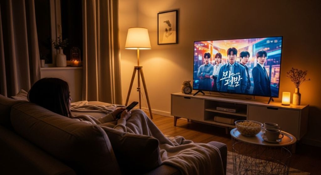 따뜻한 거실 소파에 앉아 담요를 덮고 넷플릭스나 티빙 드라마를 정주행하는 편안한 모습.