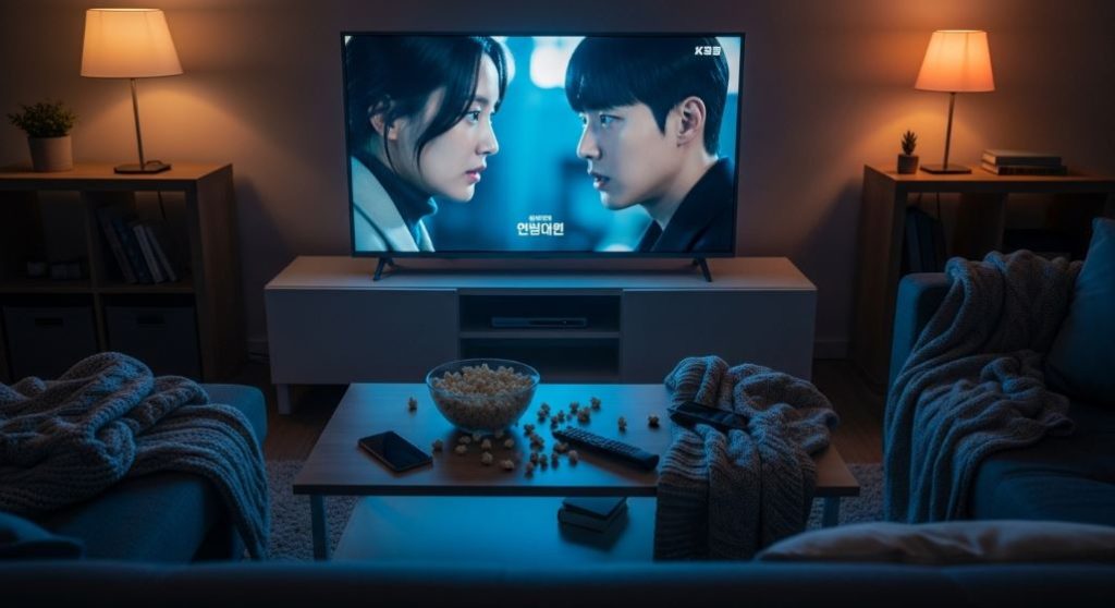 어두운 거실에서 담요와 팝콘과 함께 K드라마를 정주행하며 휴식을 취하는 모습.