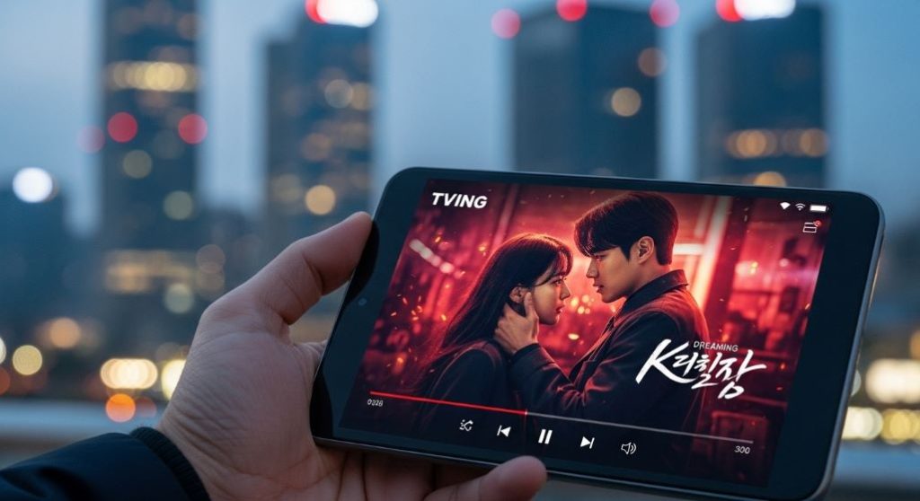 스마트폰으로 티빙 드라마를 시청하는 모습, 바쁜 일상 속에서 드라마를 즐기는 현대인의 모습.