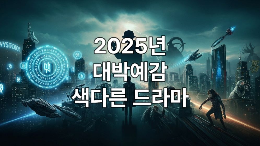 2025년 기대작, 미스터리, SF, 판타지 등 색다른 장르 드라마 요소들이 융합된 매혹적인 이미지.
