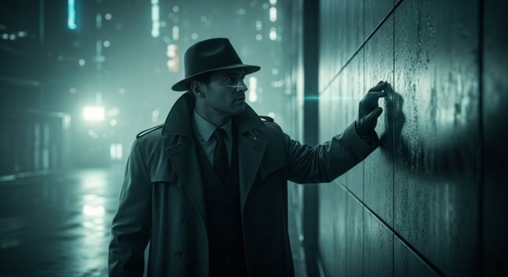 고요한 미래 도시에서 시각과 촉각으로 단서를 쫓는 청각 상실 형사의 모습.