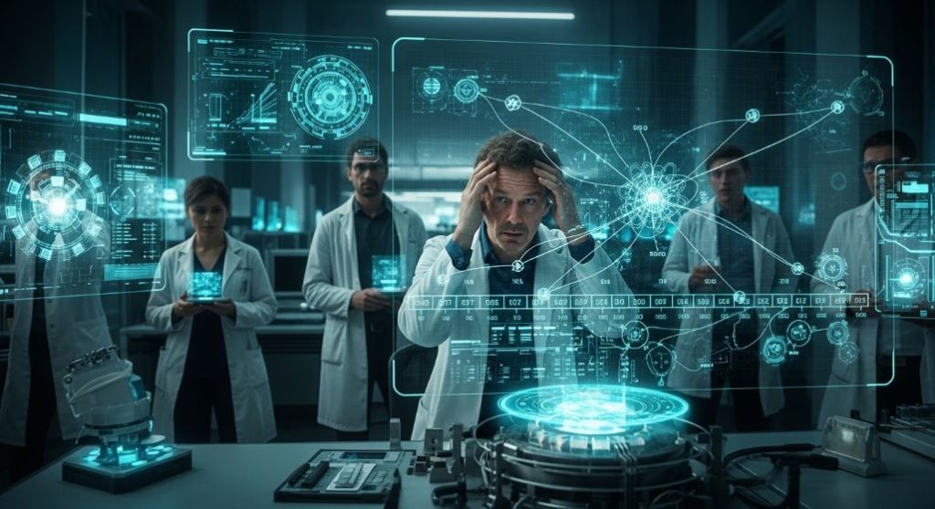 시간 여행의 나비효과로 복잡해진 타임라인을 보며 고뇌하는 미래 과학자들.