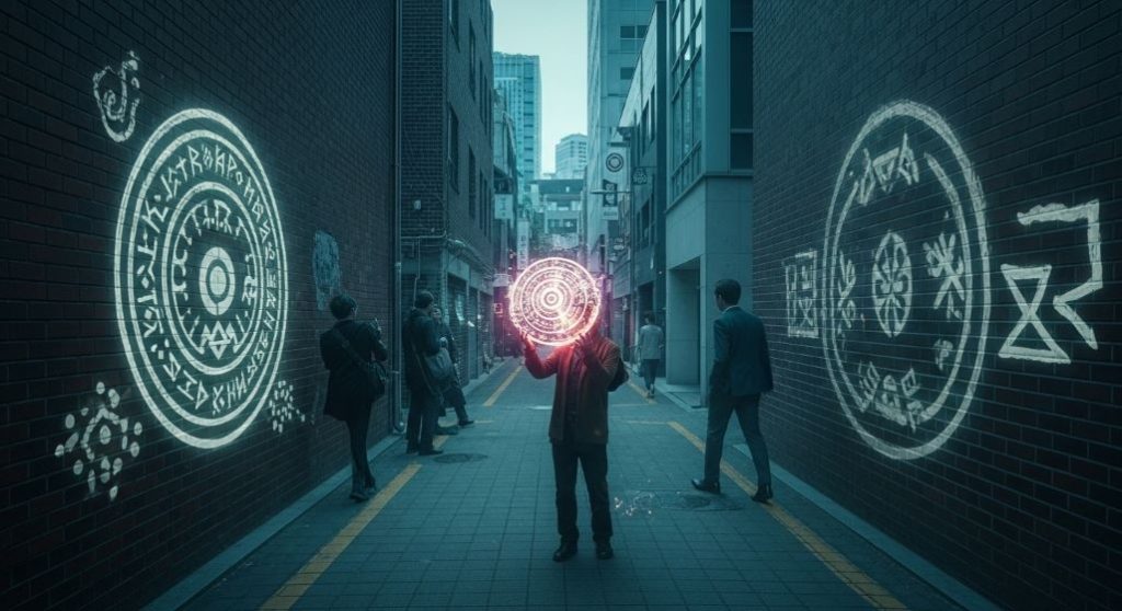 현대 서울의 골목에서 고대 마법 유물을 든 연금술사의 신비로운 모습.