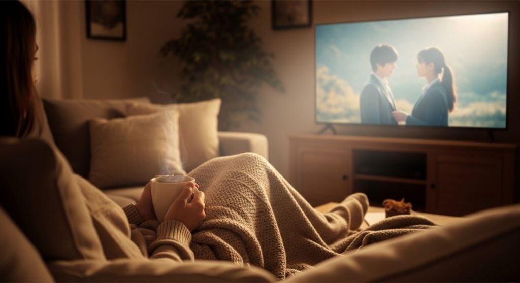 포근한 담요 속에서 따뜻한 차를 마시며 힐링 드라마를 시청하는 사람의 모습. 편안하고 아늑한 분위기가 마음의 위안을 상징합니다.